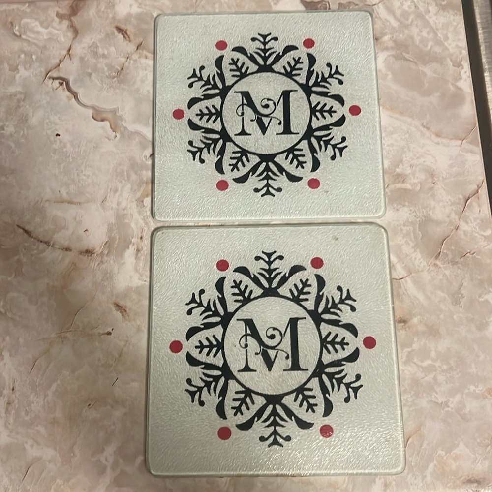 Glass Monogram 8" Square Trivet "M" Black Scroll Decorative 2 plates